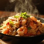 Fluffy shrimp fried rice with golden shrimp, colorful veggies, and a drizzle of soy sauce