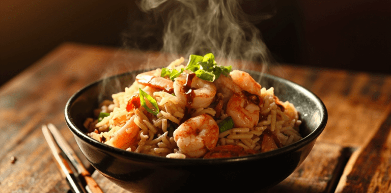 Fluffy shrimp fried rice with golden shrimp, colorful veggies, and a drizzle of soy sauce