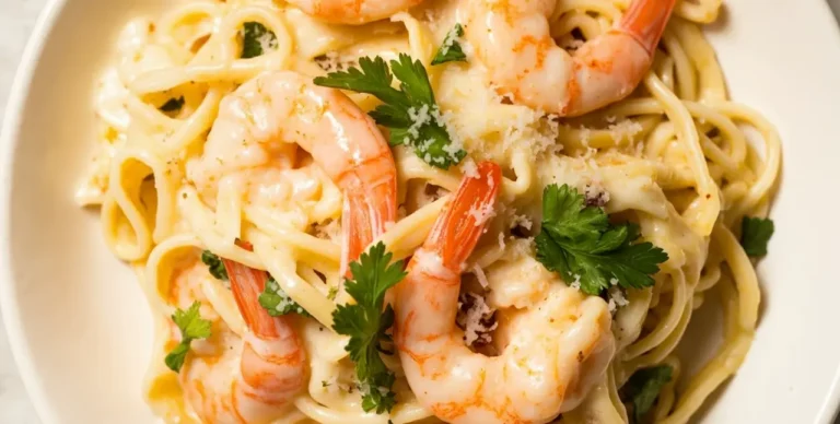 Creamy Shrimp Alfredo with jar sauce served on a white plate